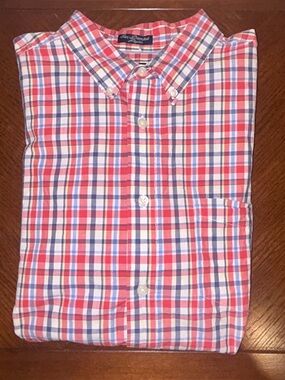 Chaps Sun-dried cotton poplin  Red Plaid short sleeve Button-Down Shirt